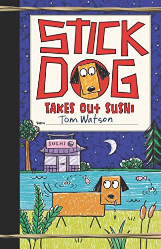 Book cover: stick-figure dog with sushi restaurant and moonlit scene.