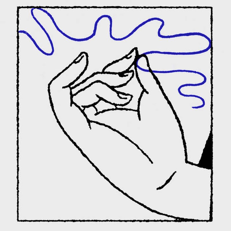 Black and white line drawing of a hand with blue wavy lines.