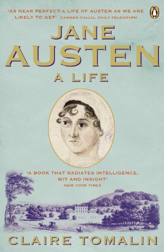 Book cover with portrait of Jane Austen and landscape, by Claire Tomalin, on light blue background.