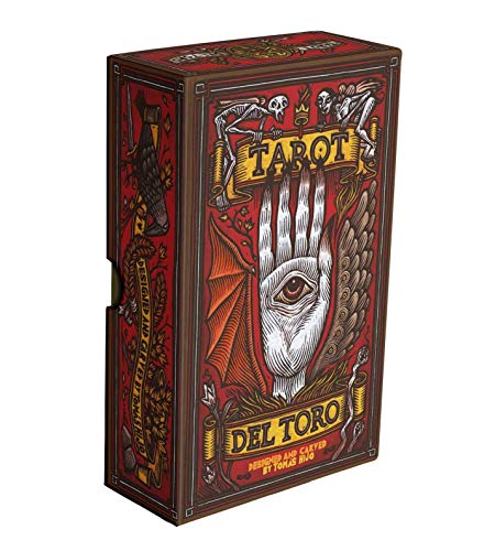 Red tarot card box with an eye in a hand and gothic imagery.