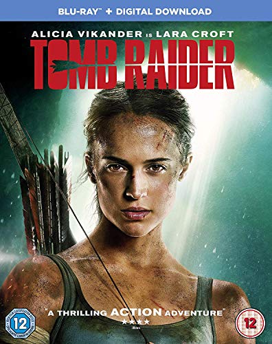 "Tomb Raider" Blu-ray cover featuring Alicia Vikander with bow and arrow, dirty and bruised.