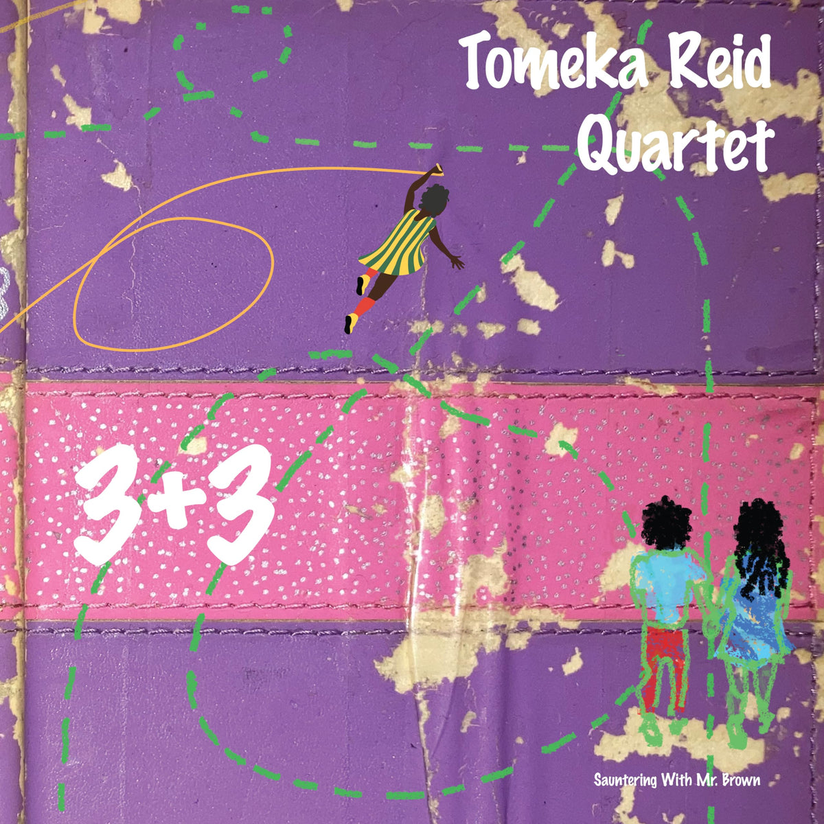 CD cover for Tomeka Reid Quartet’s “3+3” with abstract figures and text.