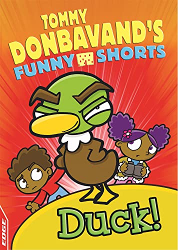 Book cover: cartoon duck with children, bright orange and red background.