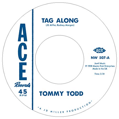 White vinyl record label with blue text: "Tommy Todd - Tag Along".