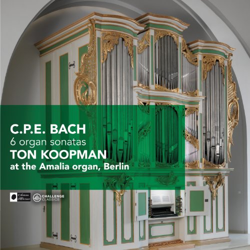 Ornate green and white organ with text: C.P.E. Bach, Ton Koopman.