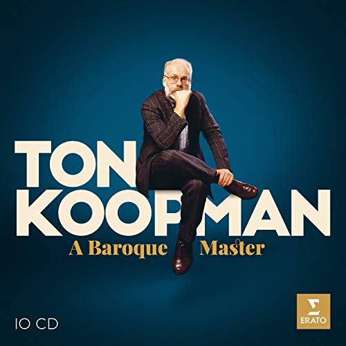 CD cover featuring Ton Koopman sitting on text, against a blue background.
