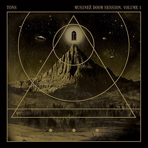 Vinyl album cover: mountain peak within geometric shapes, dark starry sky.