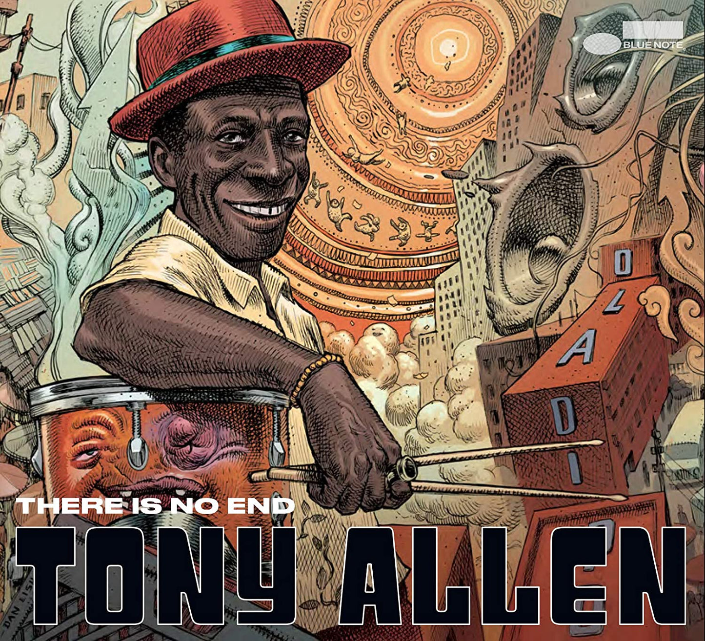Illustrated album cover featuring Tony Allen wearing a hat and holding drumsticks.