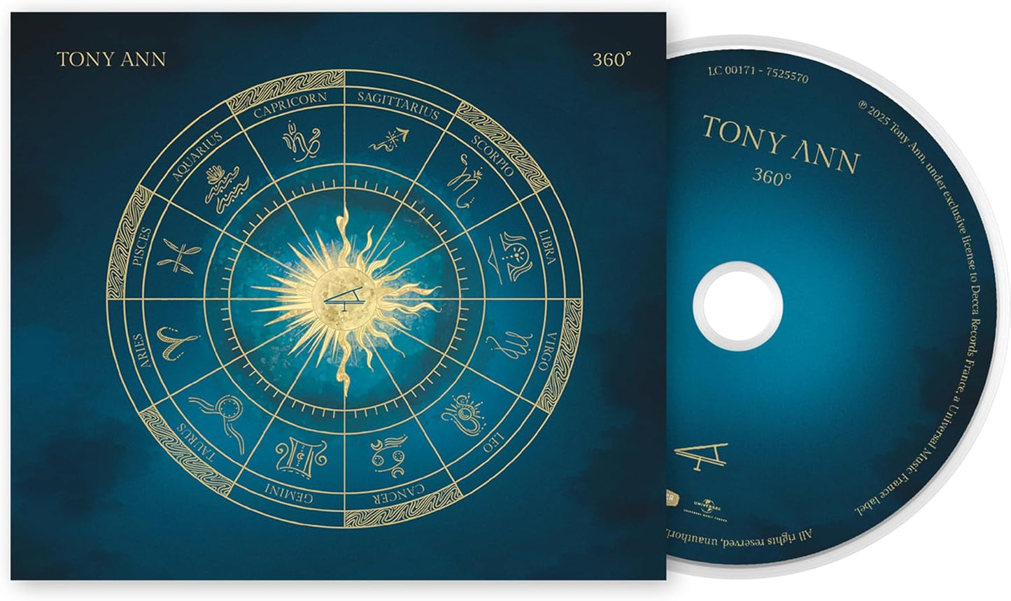CD cover for Tony Ann’s “360°” featuring zodiac signs and a golden sun.