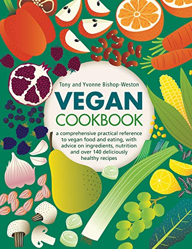 Vegan cookbook cover with colorful illustrations of fruits, vegetables, and grains.