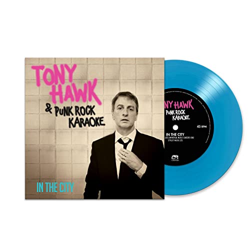 Tony Hawk vinyl record with blue disc and album cover featuring his portrait.