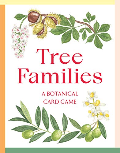 Botanical card game cover with illustrations of chestnuts, blossoms, and olives.