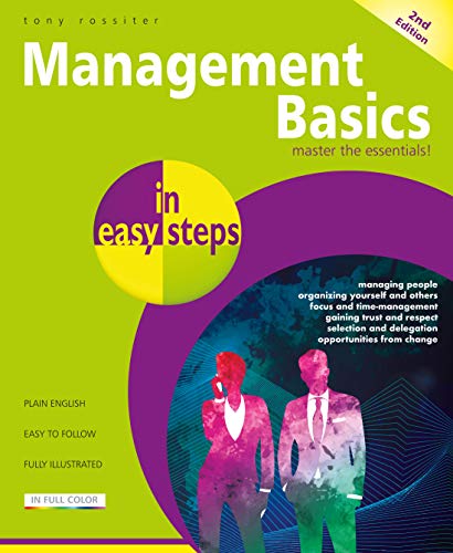 Book cover: "Management Basics in easy steps," 2nd edition, with figures.