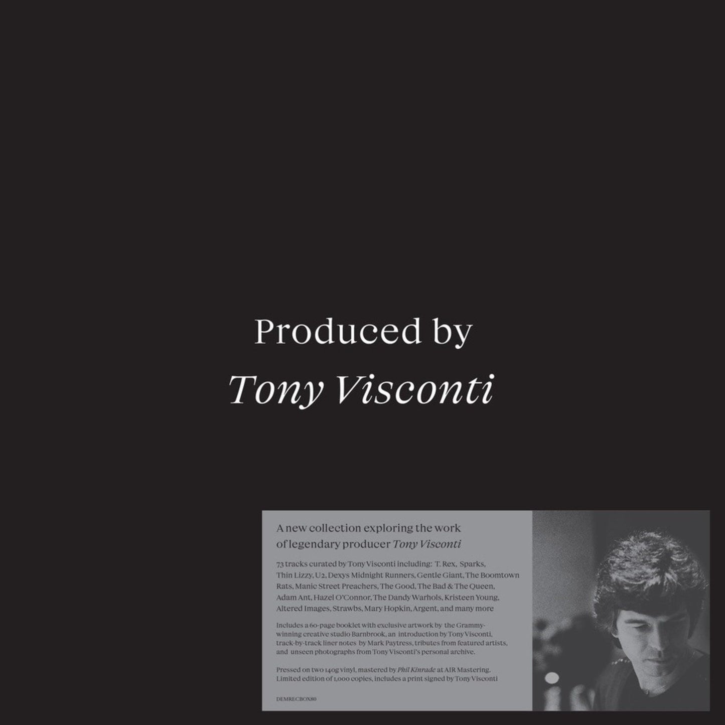 Album cover with white text Produced by Tony Visconti on a black background.