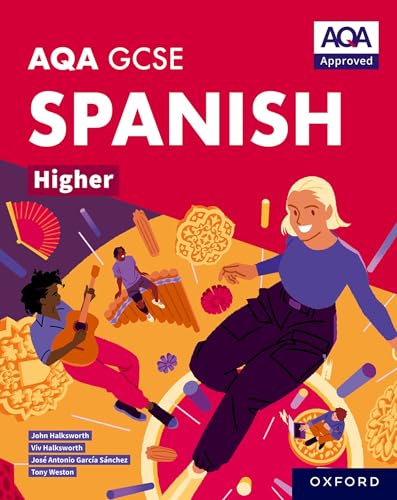 AQA GCSE Spanish Higher textbook cover with illustrated people and cultural icons on red.
