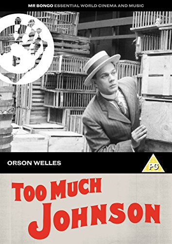 Black and white film still of Orson Welles, DVD cover art.