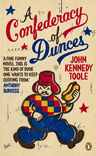 Book cover: “A Confederacy of Dunces” with illustration of a man in a hat.