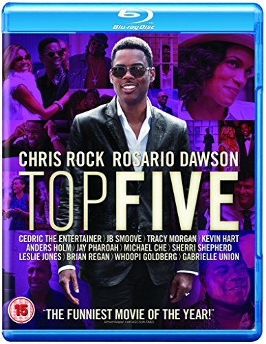 Top Five" Blu-ray cover featuring Chris Rock and Rosario Dawson with cast names.