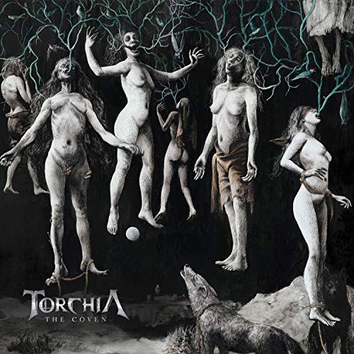 CD cover: Group of pale, nude figures amidst dark branches and wolves.