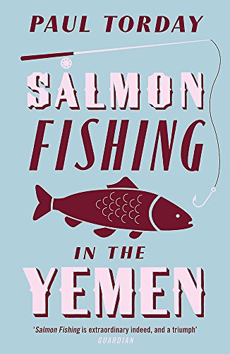 Book cover: "Salmon Fishing in the Yemen" with a fish and fishing line.