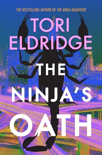 Book cover: Silhouette of a ninja with a scorpion overlay, city backdrop.