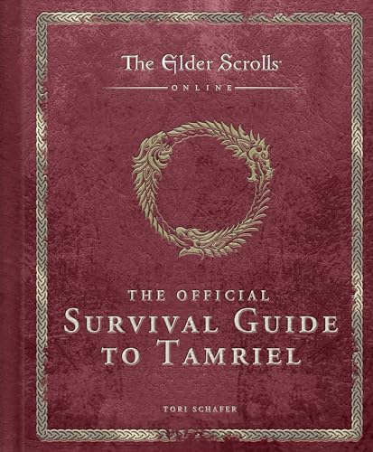 Red cover book, “The Official Survival Guide to Tamriel,” with dragon emblem.