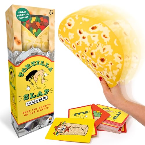 Foam tortilla slap game with cards, box, and a hand holding it.