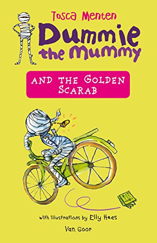 Book cover: cartoon mummy riding a bicycle, yellow background.
