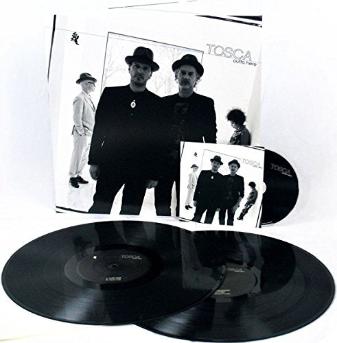 Tosca's "Outta Here" vinyl record and album cover with band photo.