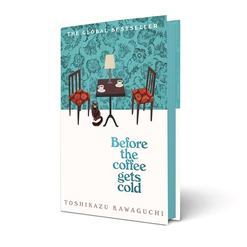 Book cover with teal background, chairs, table, lamp, and coffee cups.