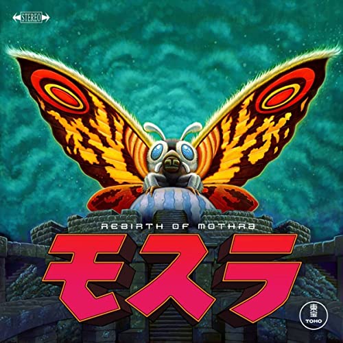 Mothra with large wings perched atop a stone structure against a dark green background.