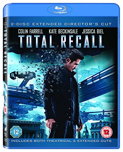 Total Recall" Blu-ray case featuring Colin Farrell, futuristic cityscape, and film details.