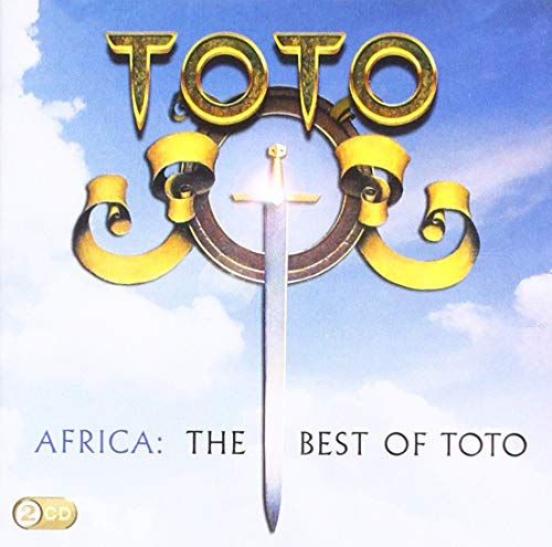 Toto’s “Africa” CD cover with golden tribal design against a blue sky.
