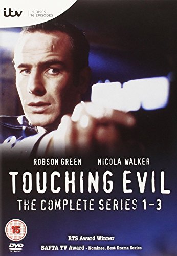 DVD cover for Touching Evil series 1-3 featuring Robson Green holding a handgun.