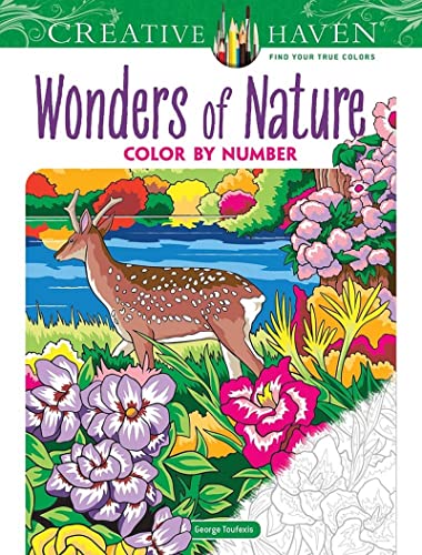 Coloring book cover featuring a deer in a landscape with flowers and a river.