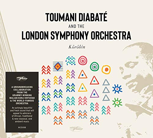 Album cover with Toumani Diabaté's image and colorful geometric shapes on beige background.