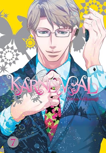 Manga cover featuring a man in glasses adjusting his tie against a yellow background.