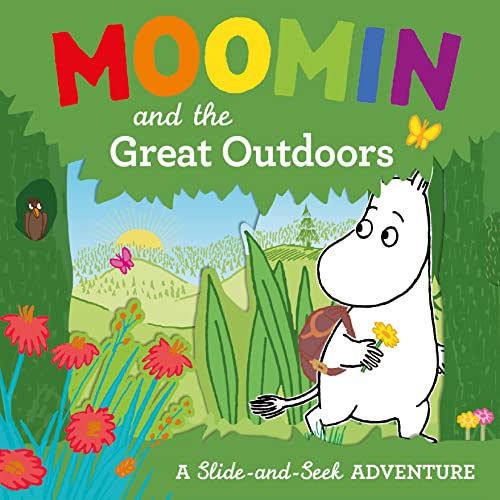 Moomin character in a green landscape with flowers and a butterfly.