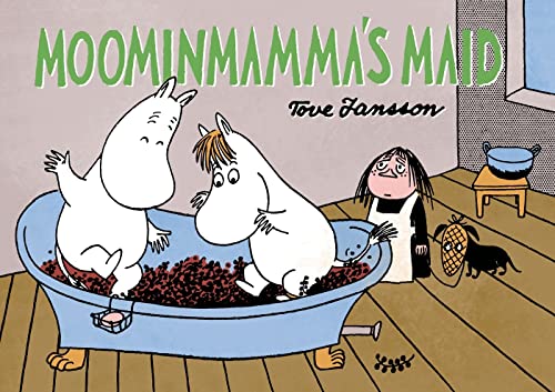 Moomin characters in a bathtub with berries, book cover illustration.