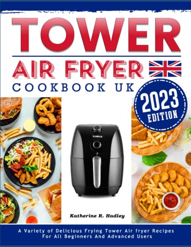 Tower air fryer cookbook cover with air fryer and fried foods.