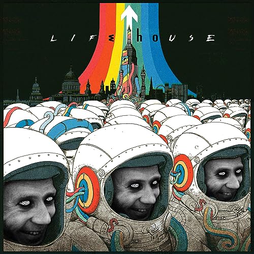 Graphic novel cover: crowds in space helmets before a futuristic cityscape.