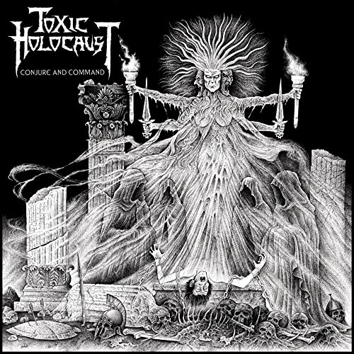 Black and white album cover depicting a spectral figure with torches and skulls.