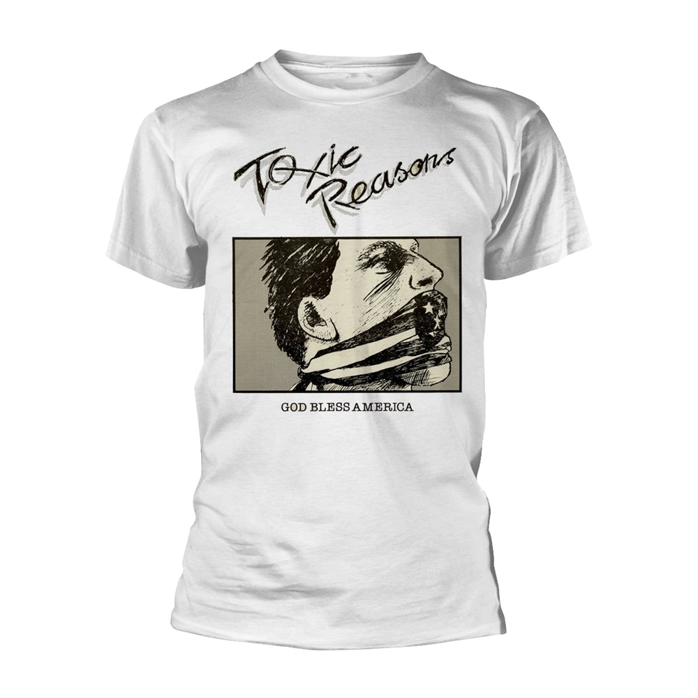 White t-shirt with sketched portrait and "God Bless America" text.