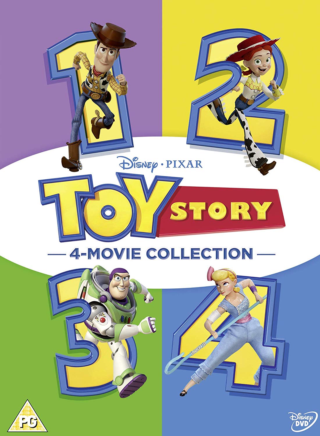 "Toy Story DVD cover featuring characters from four movies, numbered 1 to 4."