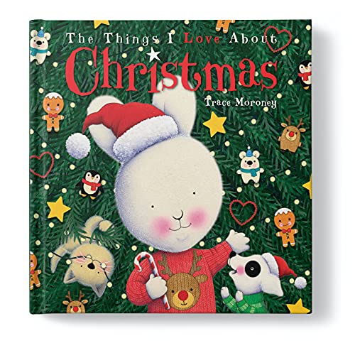 Children’s book cover with a bunny wearing a Santa hat and Christmas illustrations.