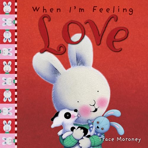 Book cover: bunny hugging a puppy and blue bear, red background.