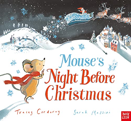 Mouse with red scarf looks up at Santa’s sleigh in snowy landscape.
