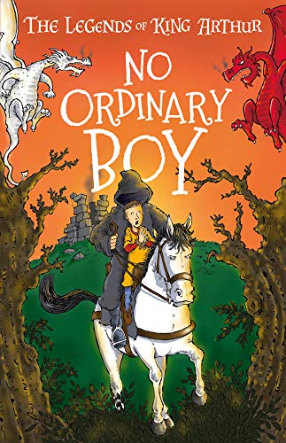 A hooded figure and a boy ride a white horse past trees and dragons.