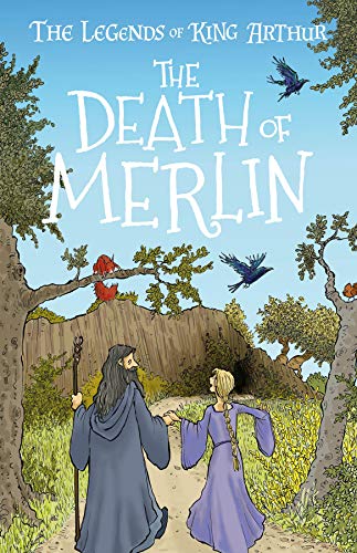 Book cover: Merlin and a child walk a path, with ravens above.