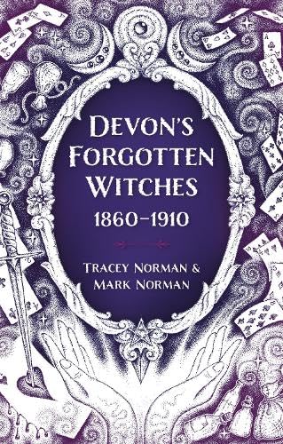Book cover with witches, Victorian-era women, in a dark, mystical, rural Devon landscape setting.
